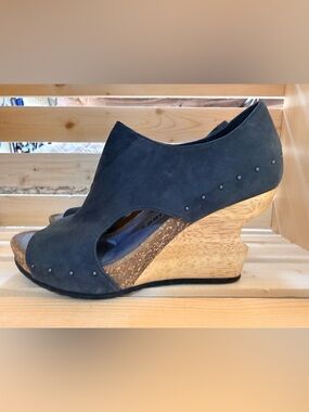 Tsubo Navy Suede Cork Wedge Peep-Toe Bootie with Stud Detail